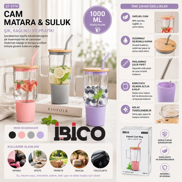 CAM 1000ML MATARA - SULUK BAMBU KAPAK - SIZDIRMAZ SİLİKONLU ÇELİK PİPET KORUYUCU SİLİKON ALTLIK - KILIF (5263)