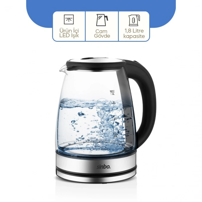 CAM - LEDLİ KETTLE 1.8LT  GİZLİ REZİSTANS - KABLOSUZ 360 DERECE GÖVDE 1500W SK-8033 (5263)