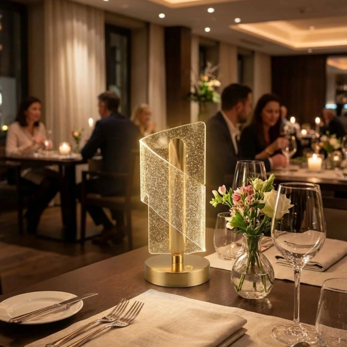 Çapraz Kavisli Kristal Simli LED Masa Lambası – Gold Gövdeli, Dokunmatik, 3 Kademe Işık Ayarlı Şarjlı Dekoratif Lamba (5263)