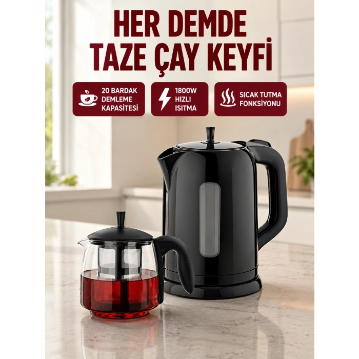 Çaycı Cam Demlikli 1800w Güçlü Ve Sıcak Tutmalı Elektrikli Çay Makinesi