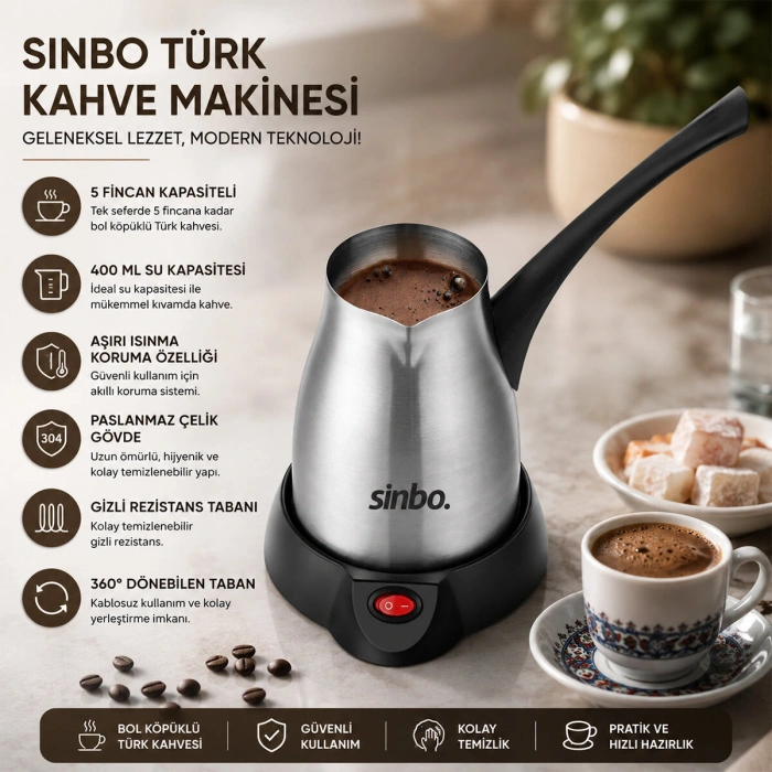 ÇELİK ELEKTRİKLİ CEZVE TÜRK KAHVE MAKİNESİ - 5FİNCAN=400ML 360° KABLOSUZ KULLANIM KATLANIR KULP 700W SCM-2967 (5263)