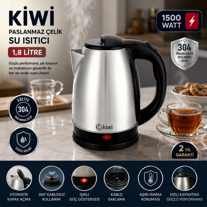 ÇELİK KETTLE ELEKTRİKLİ SU ISITICISI PASLANMAZ ÇELİK GİZLİ REZİSTANS 360° 1.8LT 1500W KK-3331 (5263)