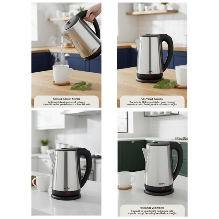 ÇELİK KETTLE SU ISITICISI KABLOSUZ KULLANIM 1.8LT 360 DERECE DÖNEBİLME OTOMATİK KAPANMA SK-8026 (5263)