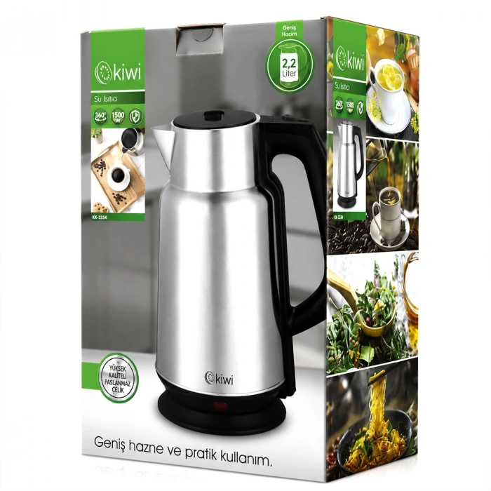 ÇELİK - SÜRAHİ MODEL KETTLE ELEKTRİKLİ SU ISITICISI PASLANMAZ ÇELİK GİZLİ REZİSTANS 360° 2.2LT 1500W KK-3334 (5263)