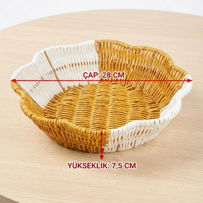 Çiçek Model Çift Renkli Plastik Rattan Ekmek ve Meyve Sepeti - Çok Amaçlı Banyo ve Mutfak Düzenleyici - Yıkanabilir Organizer (5263)