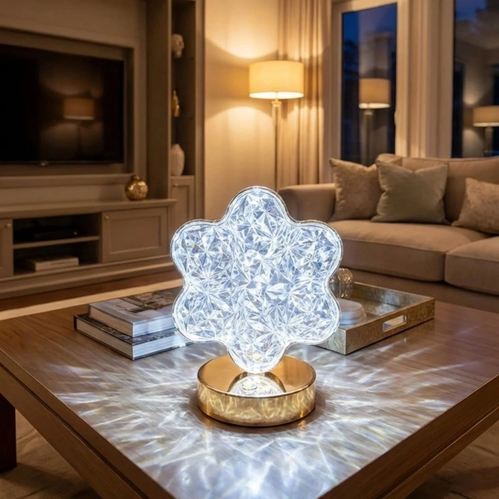 Çiçek Model Kristal LED Masa Lambası – Dokunmatik, 3 Renk Işık Modlu, Şarjlı Mini Dekoratif Gece Lambası (5263)
