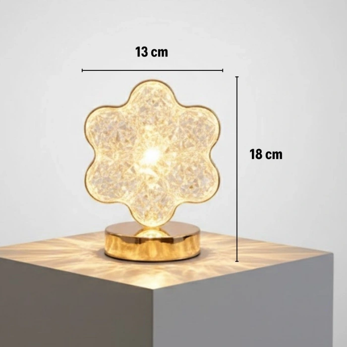 Çiçek Model Kristal LED Masa Lambası – Dokunmatik, 3 Renk Işık Modlu, Şarjlı Mini Dekoratif Gece Lambası (5263)