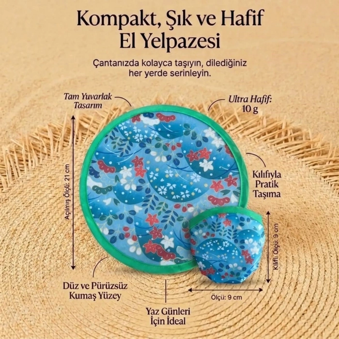 Çiçek ve Yaprak Desenli Katlanabilir Cep Yelpazesi - Kılıflı Yuvarlak Kumaş El Yelpazesi (5263)