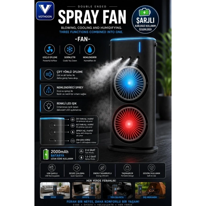 Vothoon Çift Başlıklı Sprey Fan Nemlendirici Ve Renkli Led Işıklı Siyah