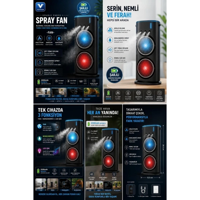 Vothoon Çift Başlıklı Sprey Fan Nemlendirici Ve Renkli Led Işıklı Siyah