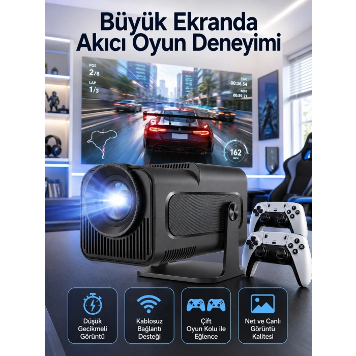 Çift Kollu Game Box Projeksiyon Cihazı Kumandalı Android Tv Dahili Hoparlör