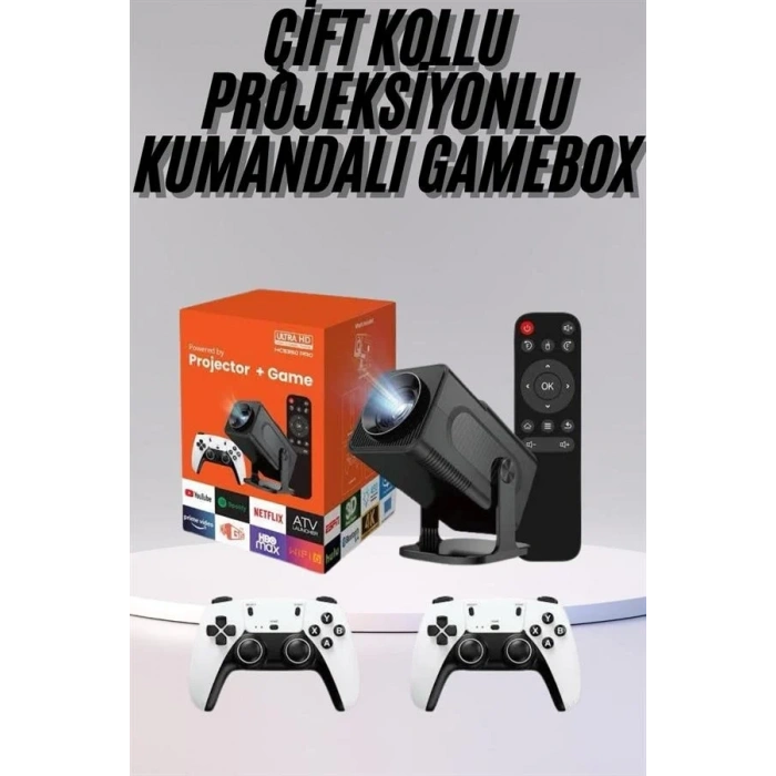 Çift Kollu Game Box Projeksiyon Cihazı Kumandalı Android Tv Dahili Hoparlör