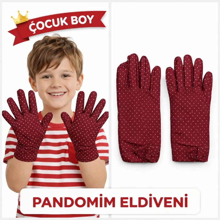 Çocuk Boy Pandomim Eldiveni Beyaz Puantiyeli Bordo Renk Gösteri Eldiveni 23 Nisan 19 Mayıs (5263)