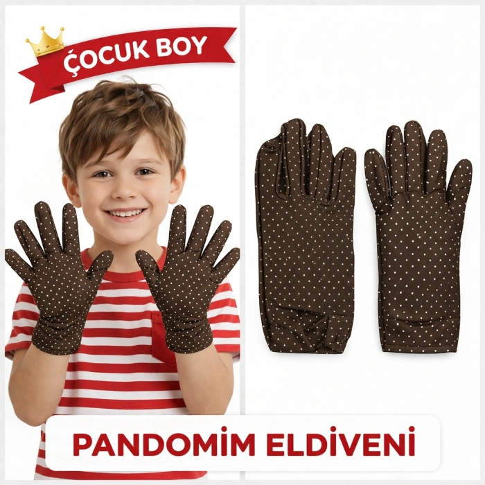 Çocuk Boy Pandomim Eldiveni Beyaz Puantiyeli Kahve Renk Gösteri Eldiveni 23 Nisan 19 Mayıs (5263)