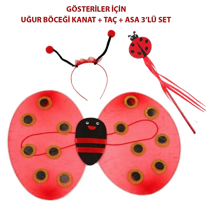 Çocuk Gösteri İçin Uğur Böceği Kanat + Taç + Asa 3'lü Kostüm Seti (5263)