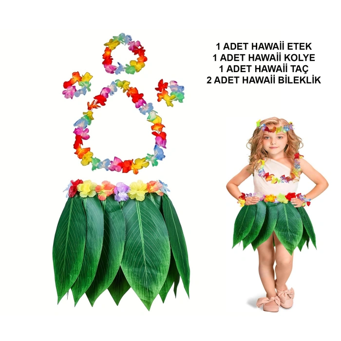 Çocuk Hawaii Kostüm Seti - Yaprak Etek &amp;amp; Hawaii Set - 5 Parça (5263)