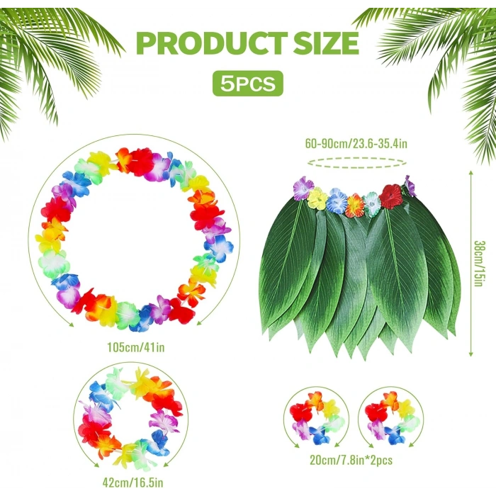 Çocuk Hawaii Kostüm Seti - Yaprak Etek &amp;amp; Hawaii Set - 5 Parça (5263)