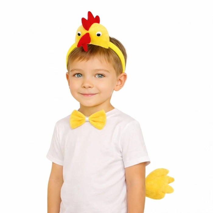 Çocuk Horoz Tavuk Kostüm Seti 3 Parça (Taç + Papyon + Kuyruk) (5263)