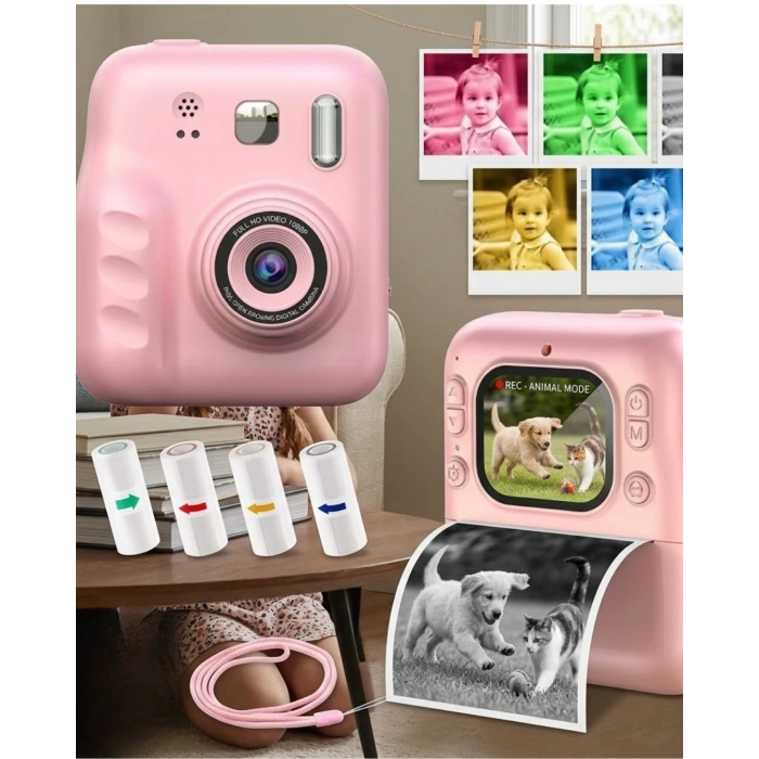 Çocuklar İçin Anında Baskılı Kamera 4 Rulo Kağıt Ve 5 Renk Kalem Hediyeli