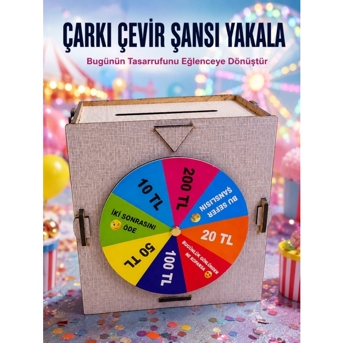 Çocuklar İçin Eğlenceli Tasarruf Oyunu Şans Çarklı Ahşap Kumbara Para Biriktirme Kutusu