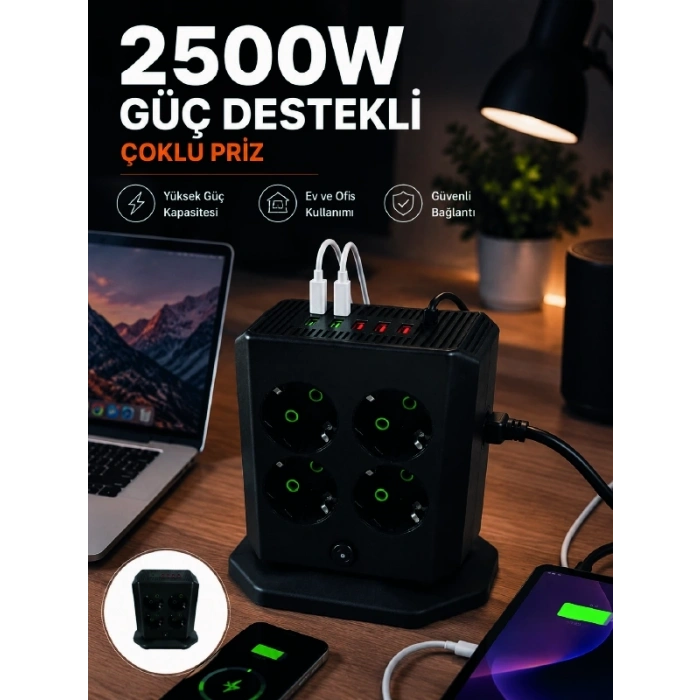 Çoklu Priz 8 Çıkışlı 4 Usb 2 Type-c Anahtarlı Dikey Priz Kulesi
