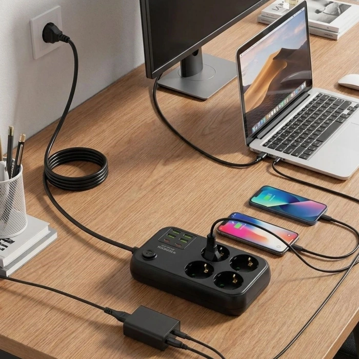 Çoklu Priz Uzatma Kablosu 4 Soket + 4 USB + 2 Type-C – Termal Akım Korumalı, Isıya Dayanıklı, Çocuk Korumalı Güvenli Priz 100-250V (5263)