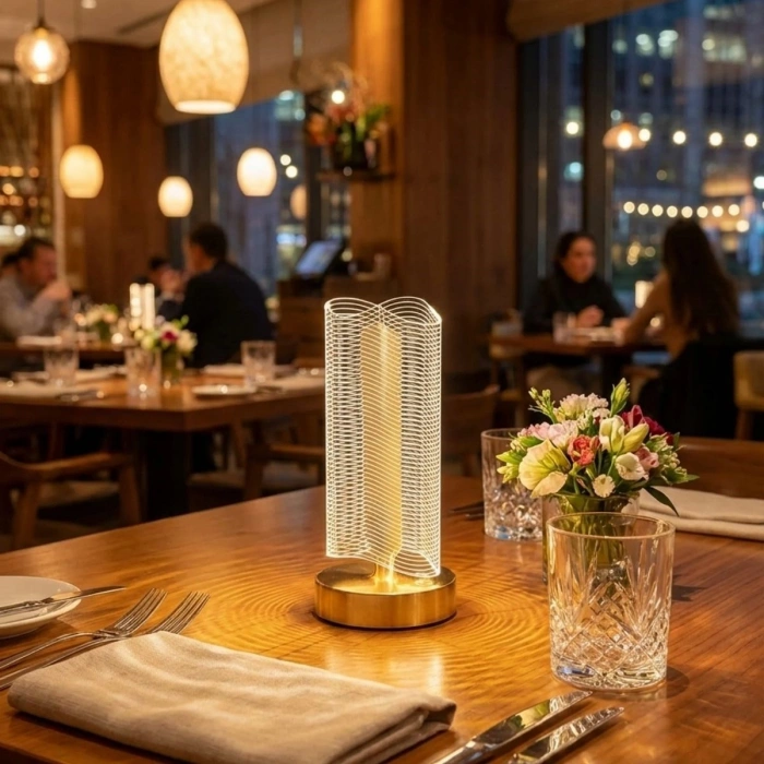 Dalgalı Silindirik Kristal Çizgili Model LED Masa Lambası – Gold Tabanlı, Dokunmatik, 3 Renk Işık Modlu, Şarjlı Modern Dekoratif Gece Lambası (5263)