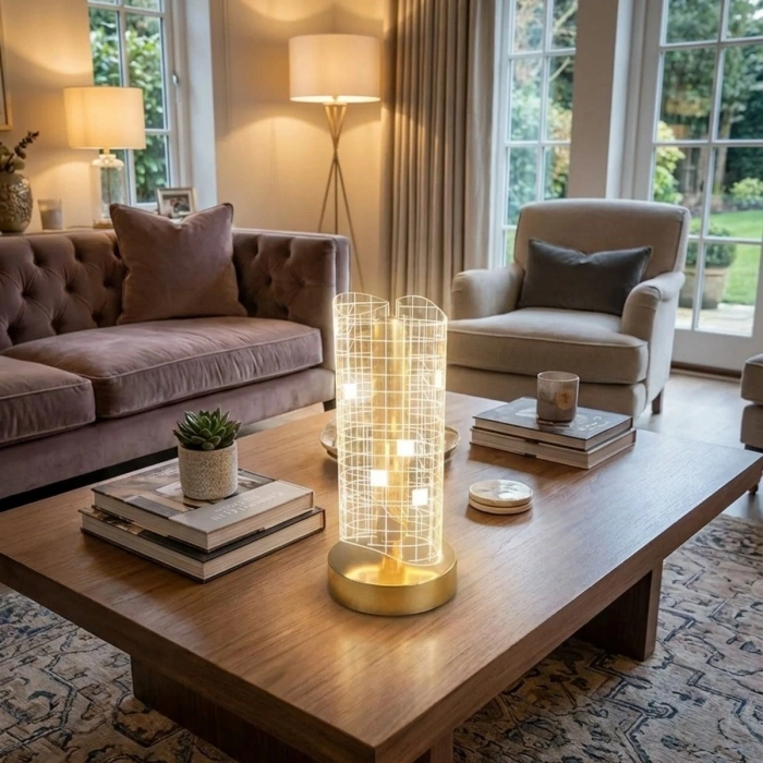 Dalgalı Silindirik Kristal Kareli Model LED Masa Lambası – Gold Tabanlı, Dokunmatik, 3 Renk Işık Modlu, Şarjlı Modern Dekoratif Gece Lambası (5263)