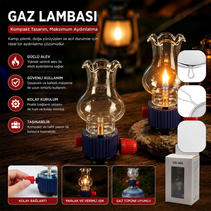 DEKORATİF GAZ LAMBASI GAZ KARTUŞ UYUMLU TAŞINABİLİR - CAM HAZNELİ ISIYA DAYANIKLI (5263)