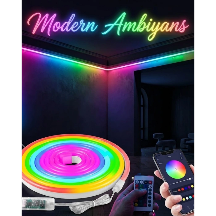 Dekoratif Rgb Led Şerit Neon Işık 3 Metre Su Geçirmez Uzaktan Kumandalı Ortam Aydınlatması