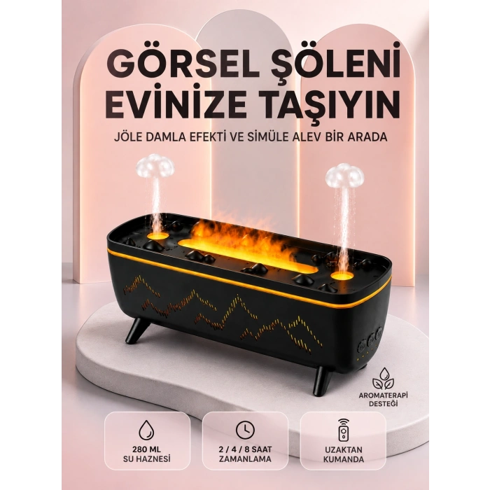 Dekoratif Siyah Hava Nemlendirici Jöle Damla Ve Alev Efektli Led Işıklı Aroma Difüzörü