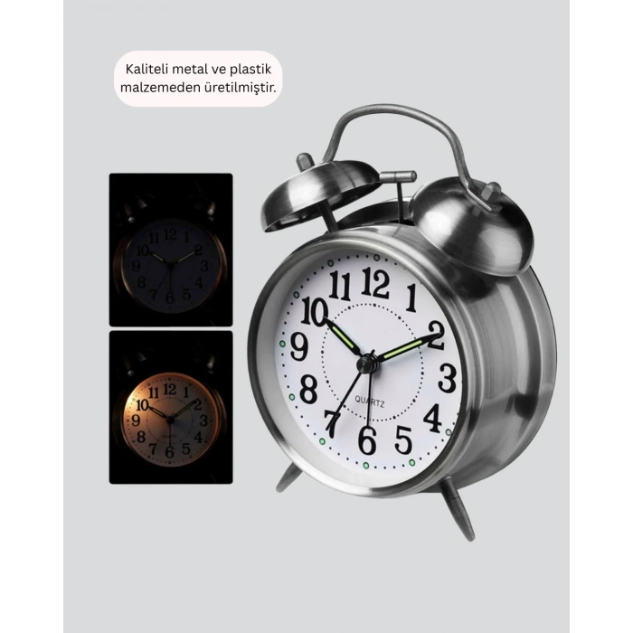 Dekoratif Yuvarlak Gümüş Sessiz Işıklı Masa Üstü Çalar Saat Alarmlı Ve Şık Tasarım