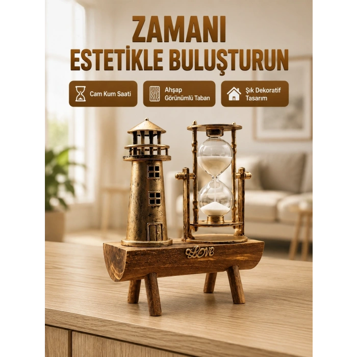Deniz Feneri Tasarımlı Ahşap Kum Saati – Retro Masa Aksesuarı Yeni Nesil