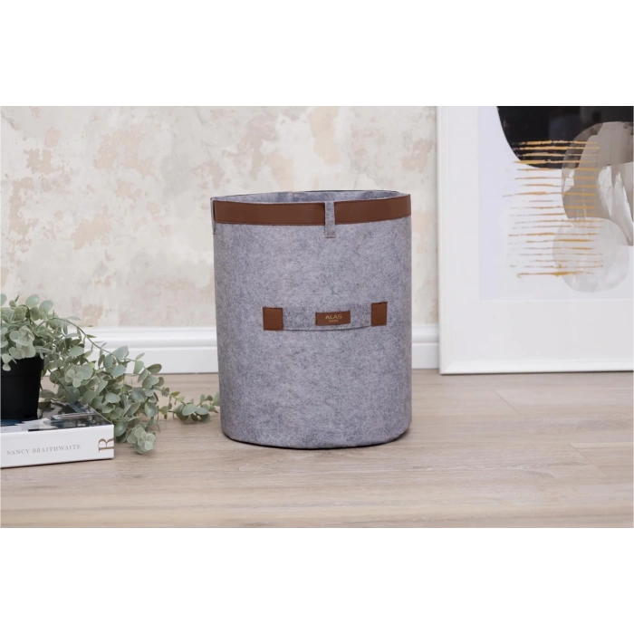 Deri Şeritli Yuvarlak Çok Amaçlı Düzenleyici Organizer Kutu Keçe Sepet (mega) 03877