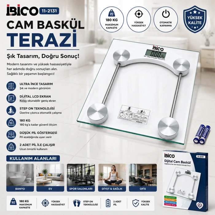 DİJİTAL - PİLLİ KARE BANYO BASKÜL TERAZİ TARTI LCD EKRAN 180KG/0.1G 30X30CM İ11-025 (5263)