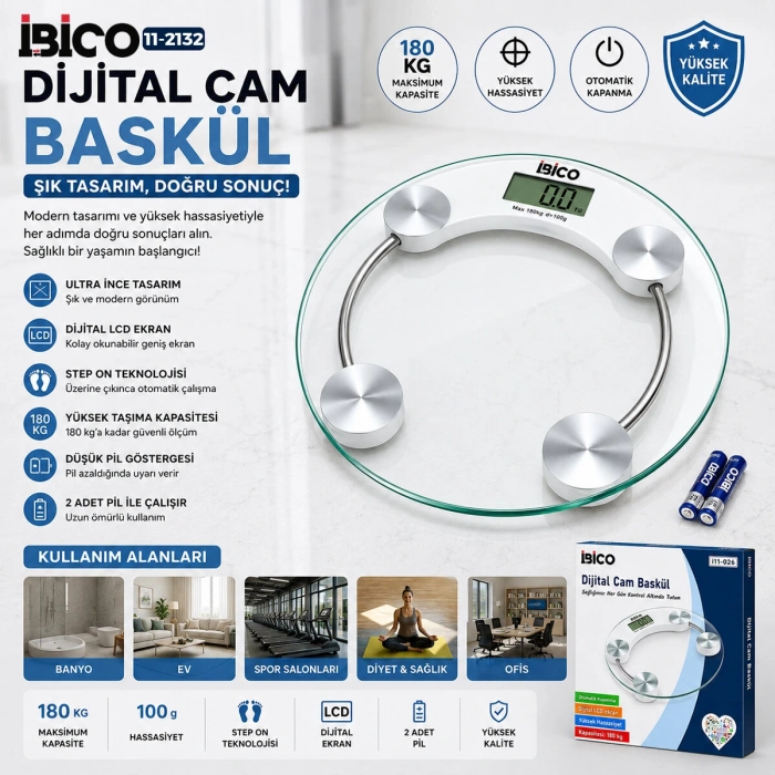 DİJİTAL - PİLLİ YUVARLAK BANYO BASKÜL TERAZİ TARTI LCD EKRAN 180KG/0.1G 30X30CM İ11-026 (5263)