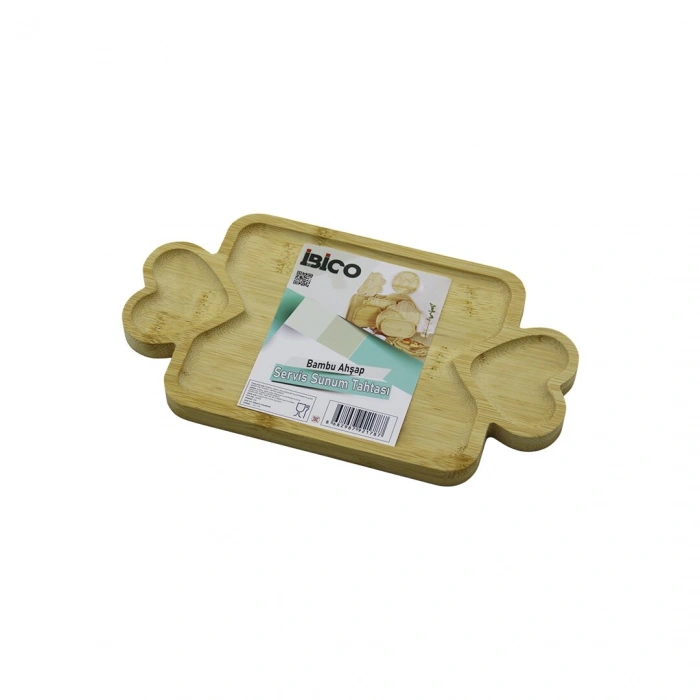 DİKDÖRTGEN 3 BÖLMELİ=2İN1 KALP KULP - BÖLME + 1 AHŞAP BAMBU SERVİS SUNUM TEPSİ - TAHTASI 25 X 14 X 1.4CM (5263)