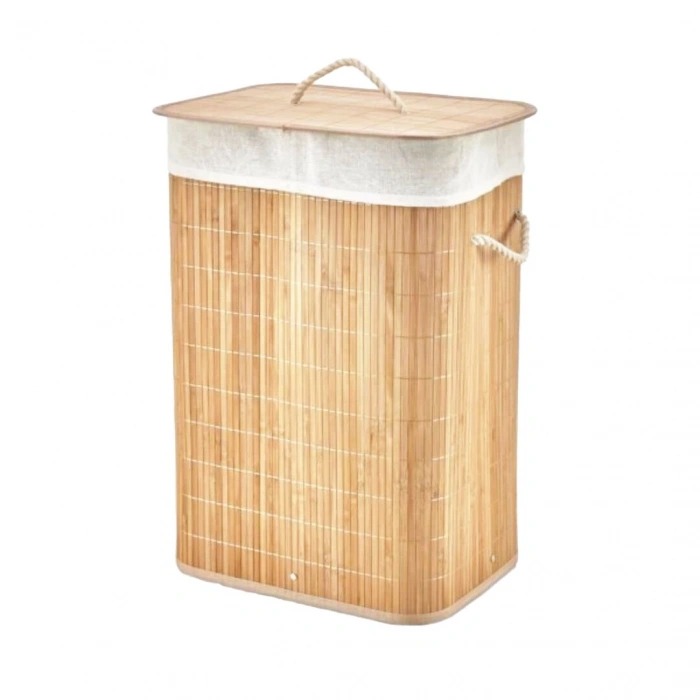 DİKDÖRTGEN BAMBU AHŞAP KİRLİ ÇAMAŞIR SEPETİ 40X30X60CM SEYYAR KAPAKLI İÇİ BEZLİ İP KULPLU (5263)