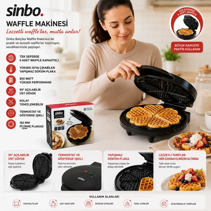 DÖKÜM BELÇİKA WAFFLE MAKİNESİ ELEKTRİKLİ 5 WAFFLE YAPIŞMAZ YÜZEY 850W SSM-2595 (5263)