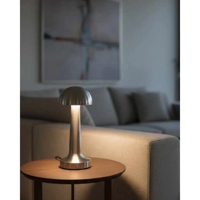 Dokunmatik Mantar Masa Lambası 3 Modlu Işık Şarjlı Kablosuz Led Krom Gövde