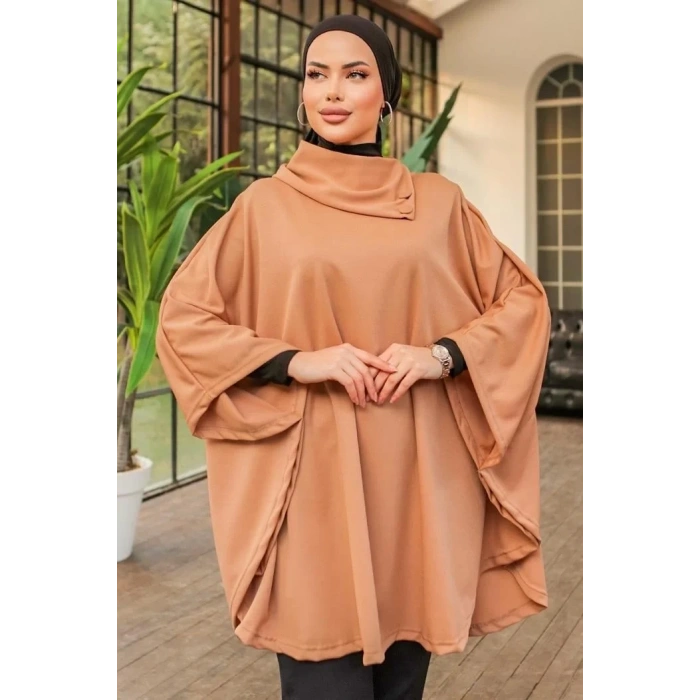 Düğme Detaylı Şık Tasarımlı Bej Şal Yaka Panço