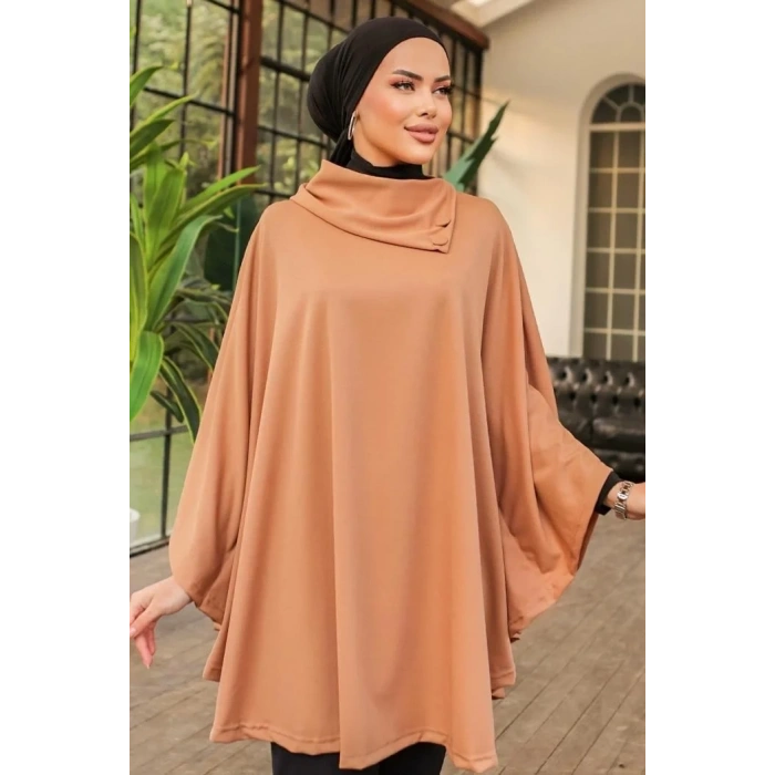 Düğme Detaylı Şık Tasarımlı Bej Şal Yaka Panço