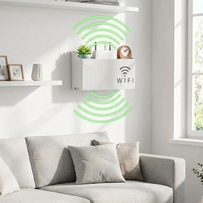 Duvar Tipi Wi-Fi Modem Saklama Kutusu(Beyaz) – Kablo Düzenleyici Router Raf Organizer (5263)