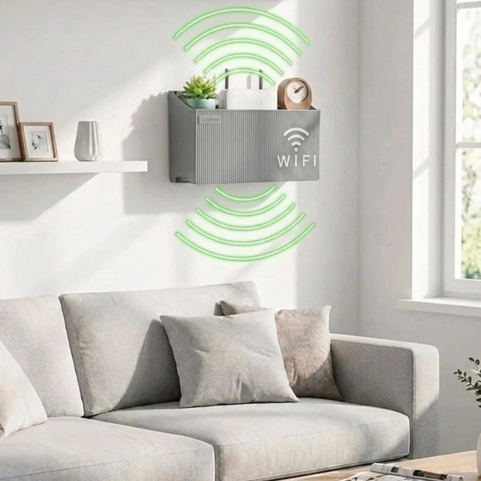 Duvar Tipi Wi-Fi Modem Saklama Kutusu(Gri) – Kablo Düzenleyici Router Raf Organizer (5263)