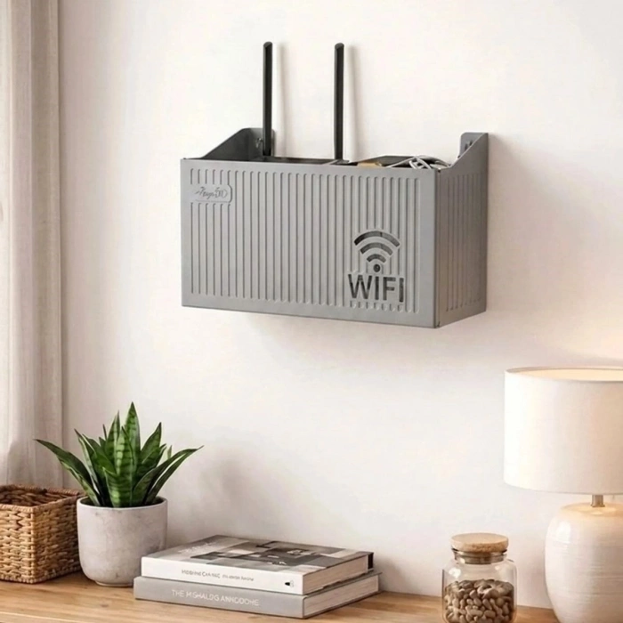 Duvar Tipi Wi-Fi Modem Saklama Kutusu(Gri) – Kablo Düzenleyici Router Raf Organizer (5263)