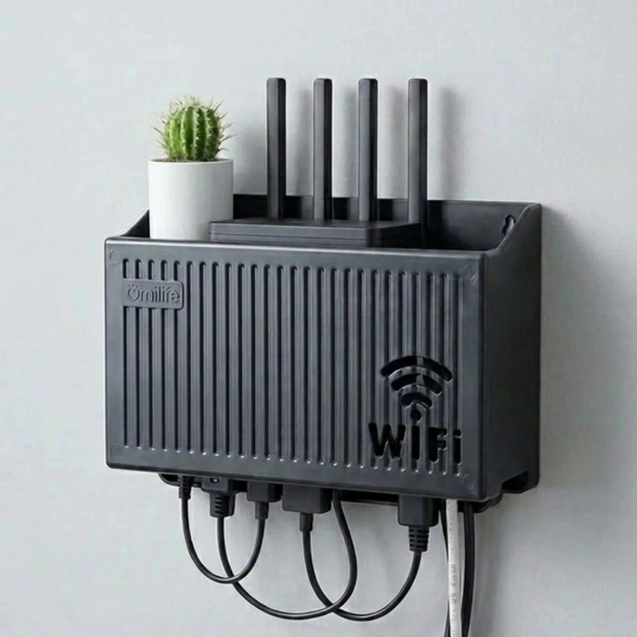 Duvar Tipi Wi-Fi Modem Saklama Kutusu(Siyah) – Kablo Düzenleyici Router Raf Organizer (5263)