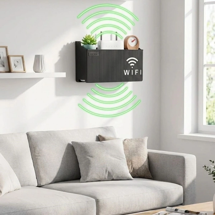 Duvar Tipi Wi-Fi Modem Saklama Kutusu(Siyah) – Kablo Düzenleyici Router Raf Organizer (5263)