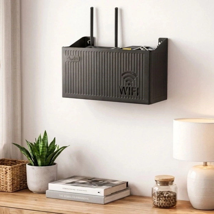 Duvar Tipi Wi-Fi Modem Saklama Kutusu(Siyah) – Kablo Düzenleyici Router Raf Organizer (5263)