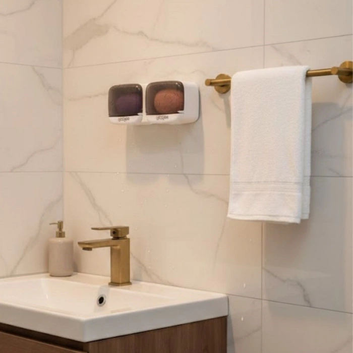 Duvara Monte İkili Kapaklı Plastik Katı Sabunluk Organizer – Banyo &amp; Mutfak İçin Yapışkanlı Sabun Kutusu ve Düzenleyici (5263)