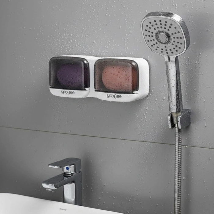 Duvara Monte İkili Kapaklı Plastik Katı Sabunluk Organizer – Banyo &amp; Mutfak İçin Yapışkanlı Sabun Kutusu ve Düzenleyici (5263)